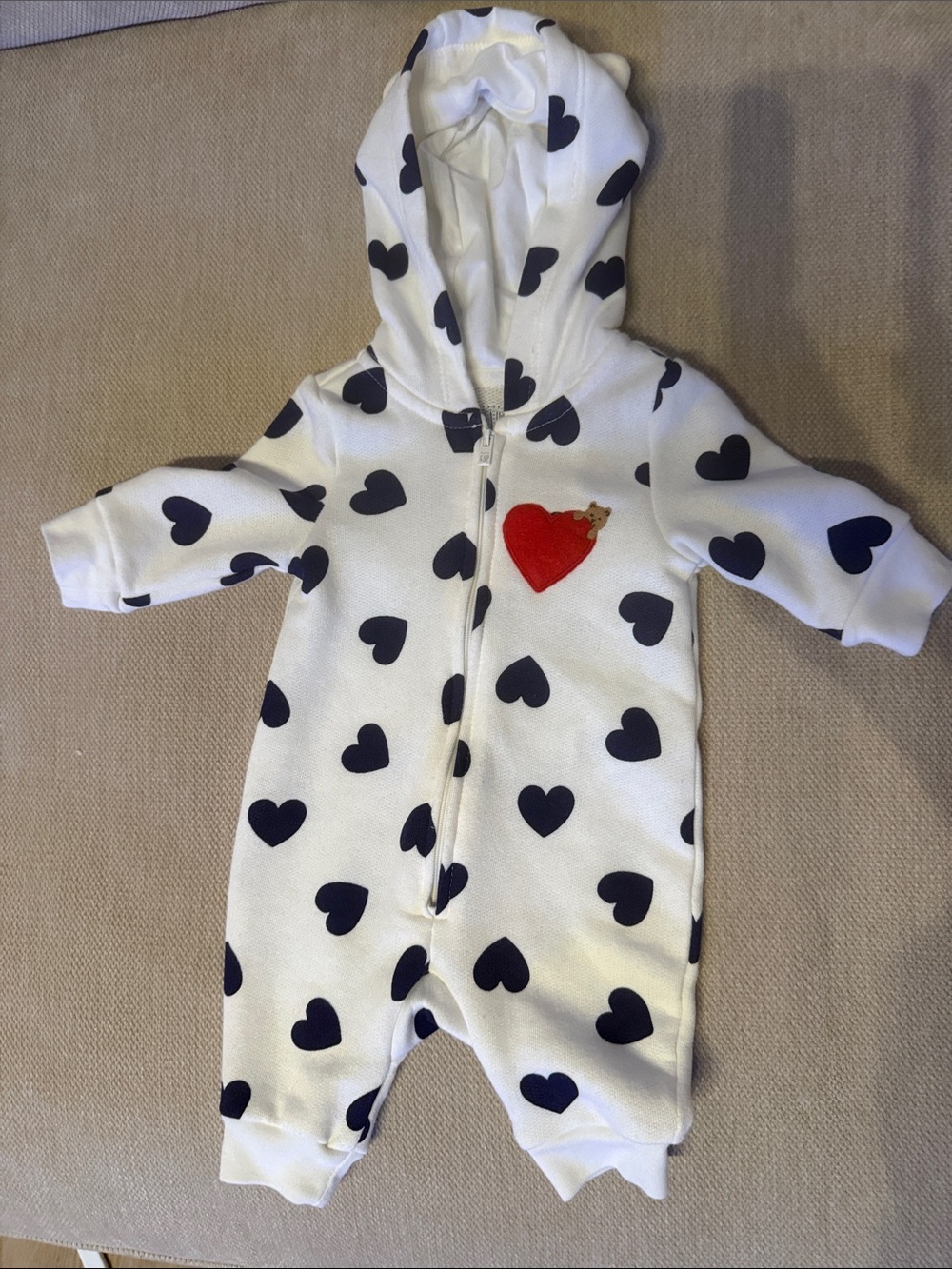 Baby GAP White Hooded One-Piece with Navy Heart Print and Red Heart Patch